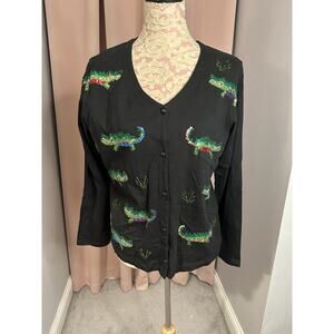 NWT EMMA TRICOT Button Front Sequined Alligator Black CARDIGAN SWEATER Size M